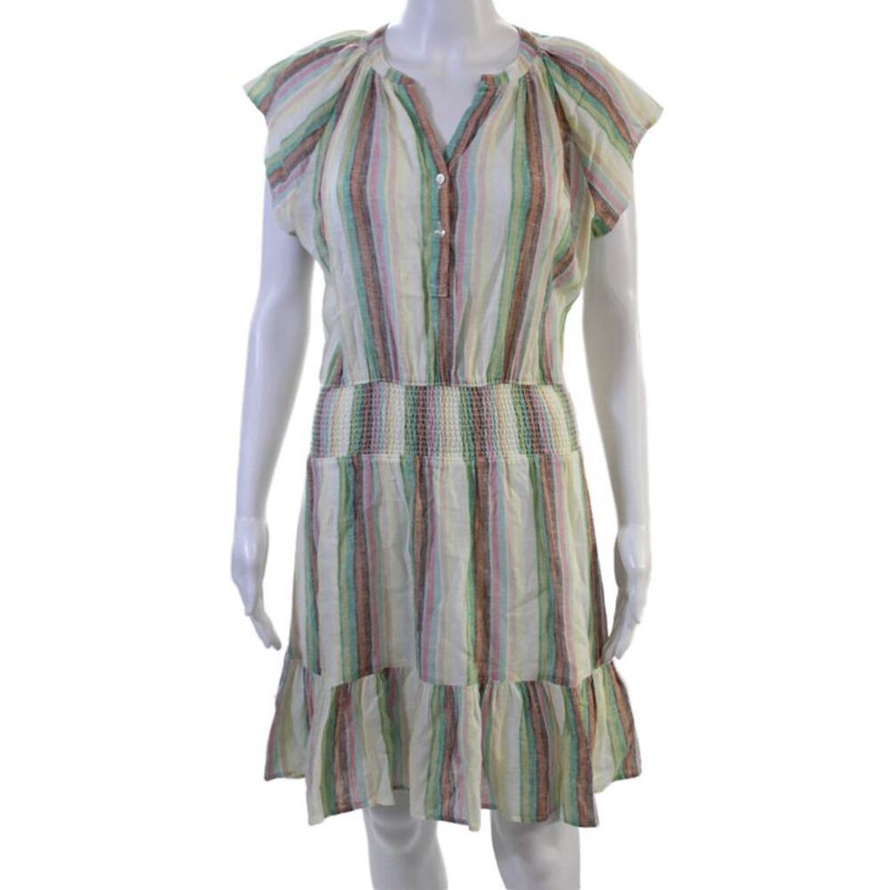 Rails Womens Striped Petite Shirt Dress Brown V Neck Short Sleeve Linen Size XS